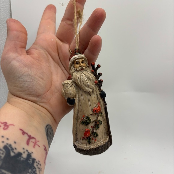 Vintage Holiday Santa Ornament with Owl And Red Bird Details - Picture 2 of 4